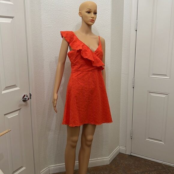 Lady Vox Size Large Coral Eyelet Lined Summer Dress Adjustable Spaghetti Straps - Picture 2 of 10